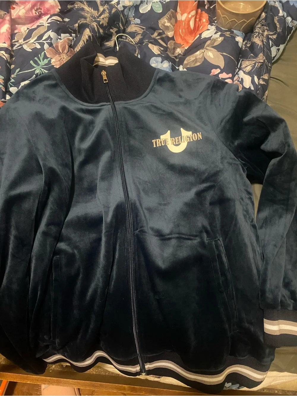 True Religion Navy Velvet 'World Tour' Logo Jacket